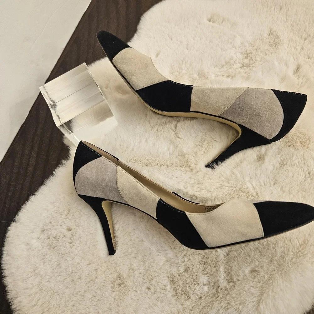 BCBGeneration Womens 8M Suede Patchwork Pumps Black Gray Cream Pointed Toe— Chic